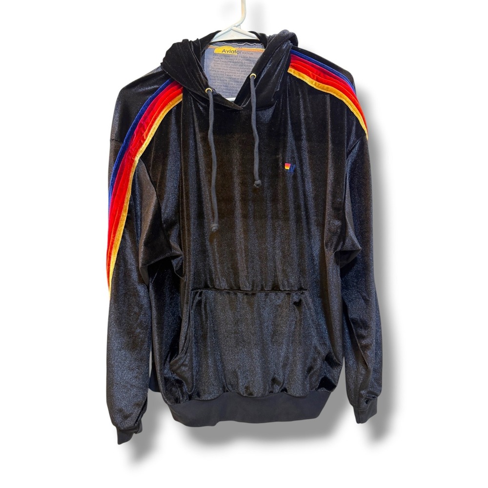 Aviator Nation 5 Stripe Velvet Hoodie Unisex M Black Rainbow Pullover
